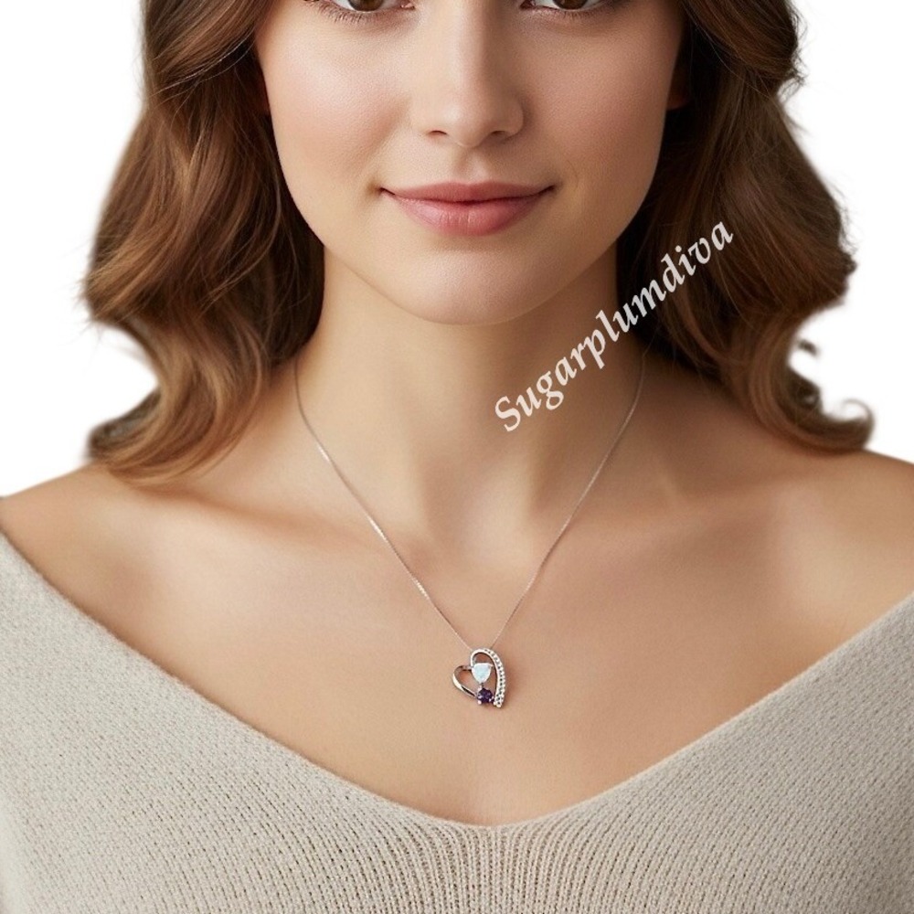 Felicia Design Sterling Silver 925 Opal‎ Amethyst Heart Pendant Necklace NWOT